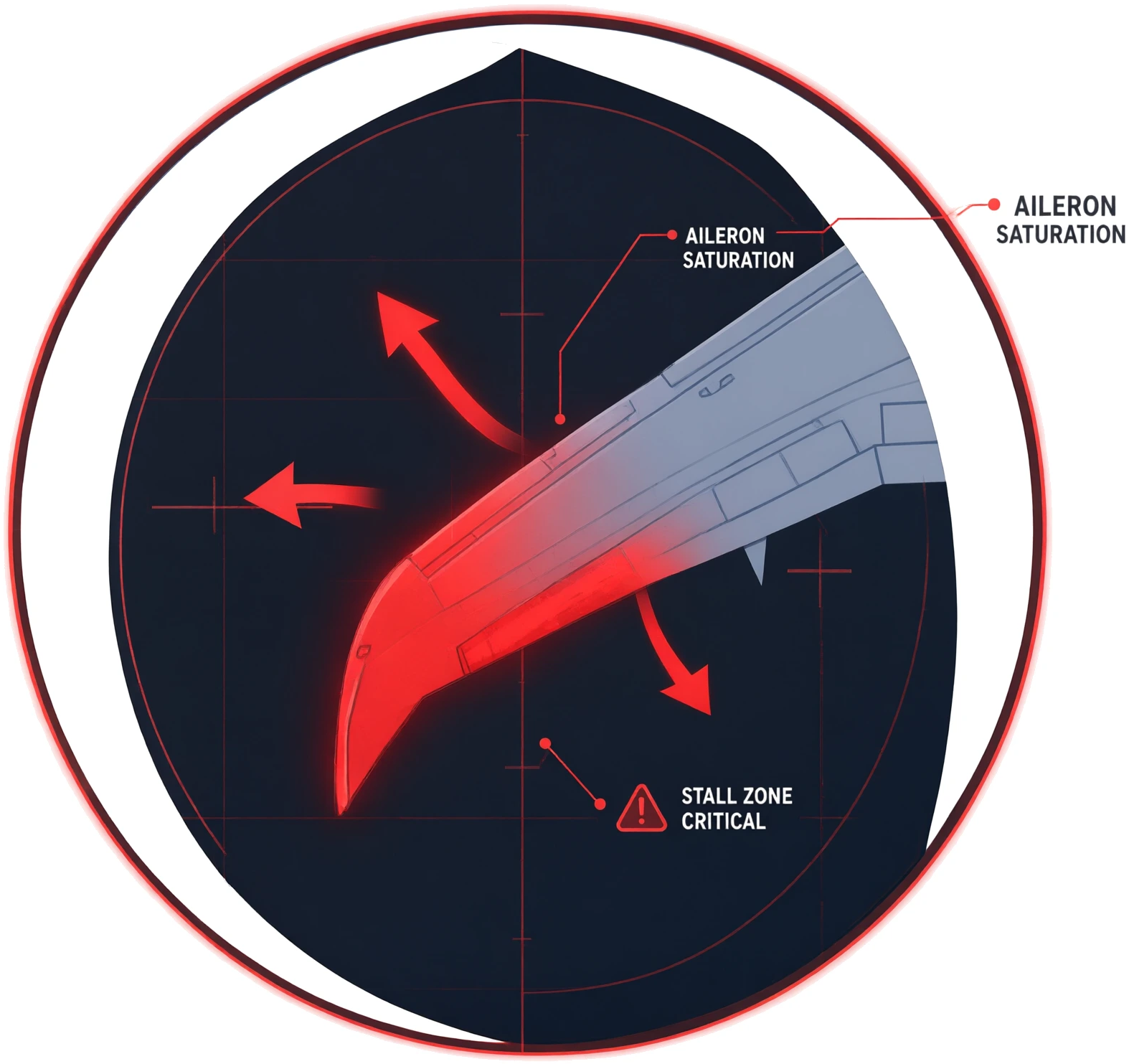 Circular inset of right wing tip showing airflow, stall zone and aileron saturation